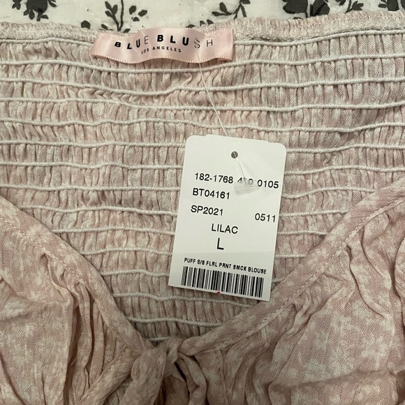 BlueBlush Smocked Crop Pink Floral Puffy Sleeve Blouse Large - Picture 3 of 5
